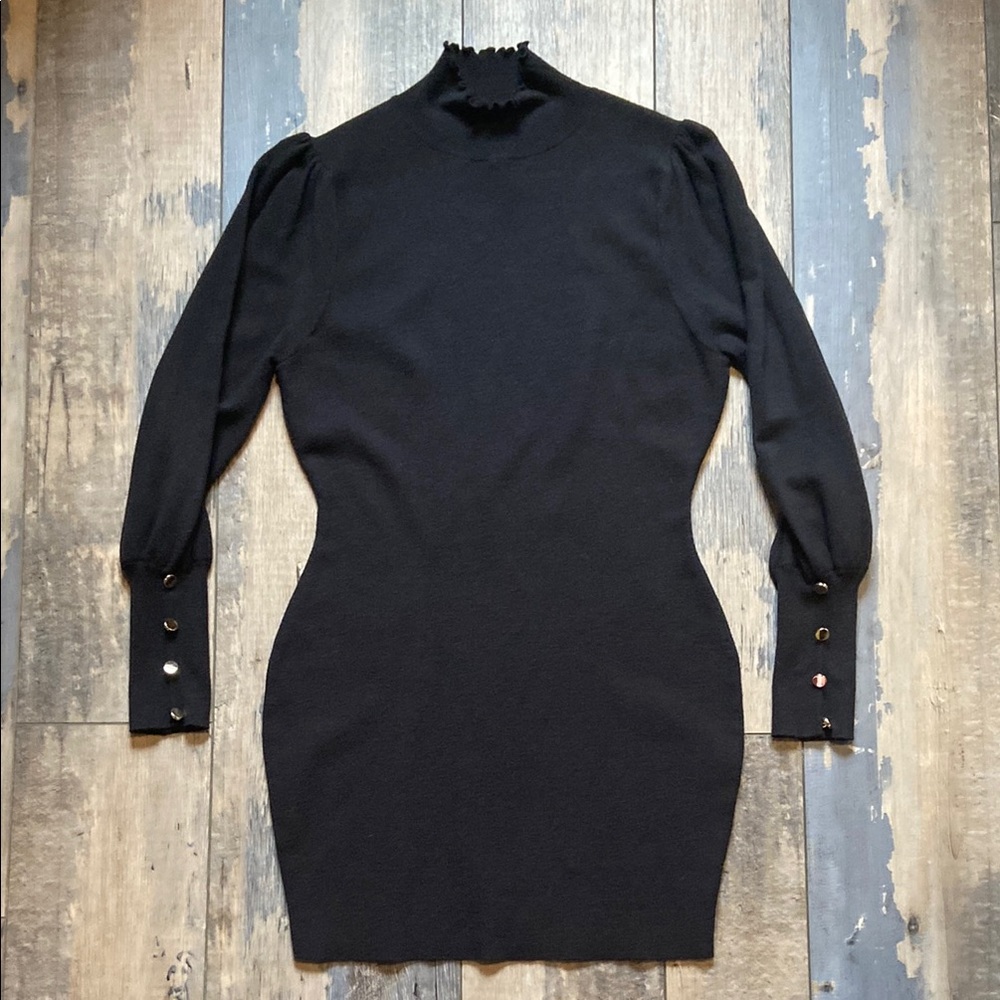 Byinns Womens Bodycon Mini Sweater Dress Mock Neck Long Sleeves Black Size XL